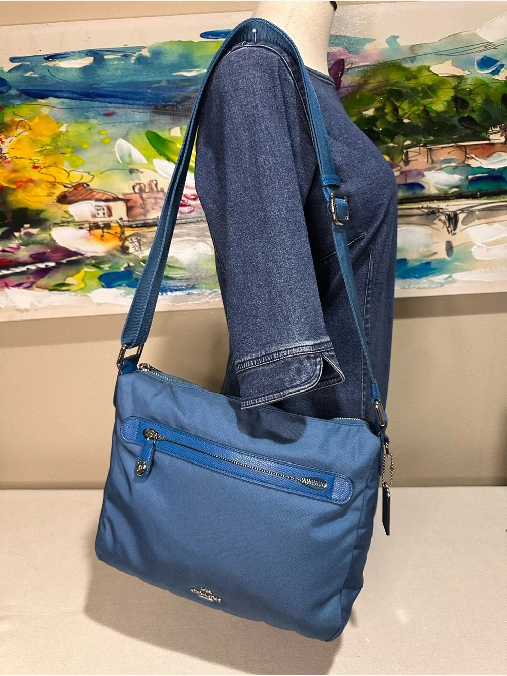 Coach Blue Nylon Crossbody Messenger Bag w Mini Turn Lock